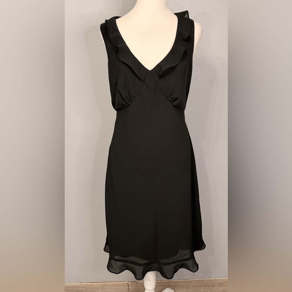 Elegant ruffle trim Black Dress with lining